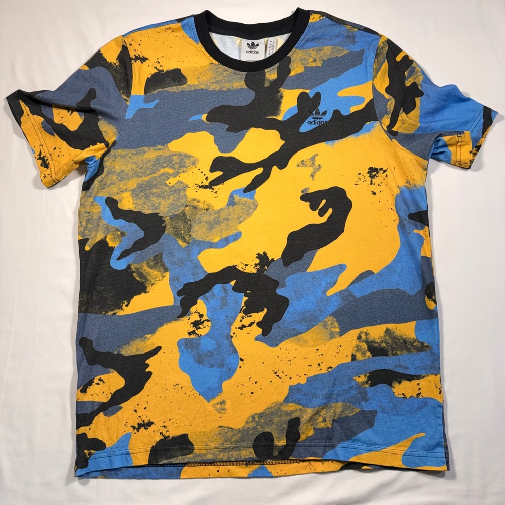 Adidas Originals Mens Camo T-Shirt Yellow Blue Black Trefoil Logo Relaxed Large